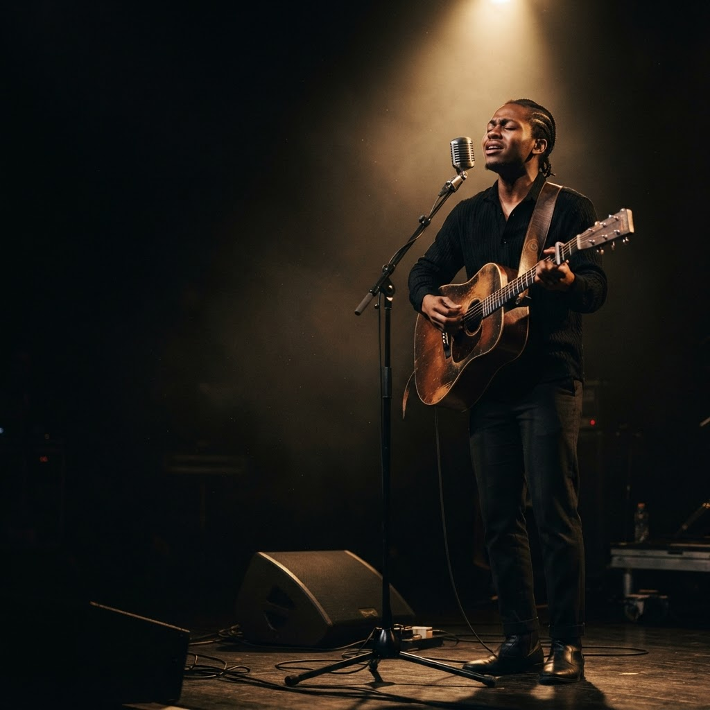 Recordian artist performing live under a golden spotlight